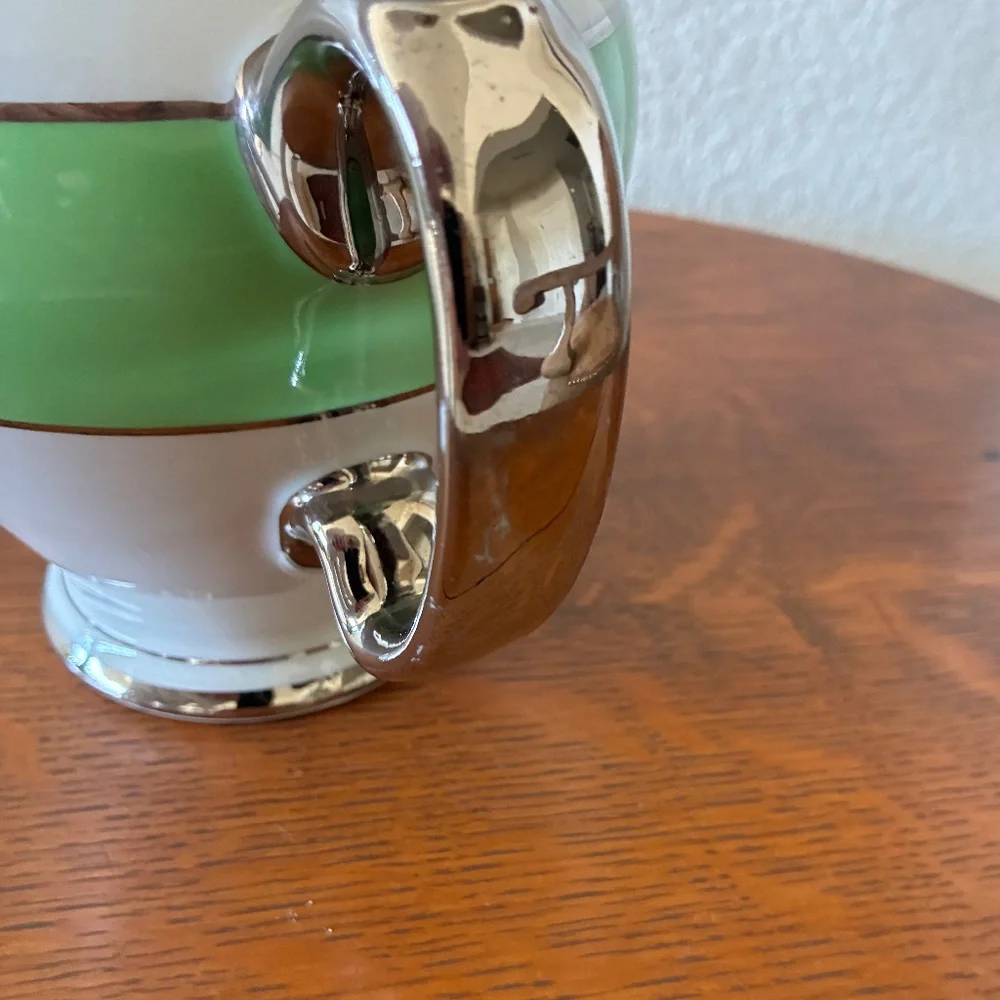 1940s McCormick & Co “Banquet Teas” Balto Teapot with Infuser Green White Silver
